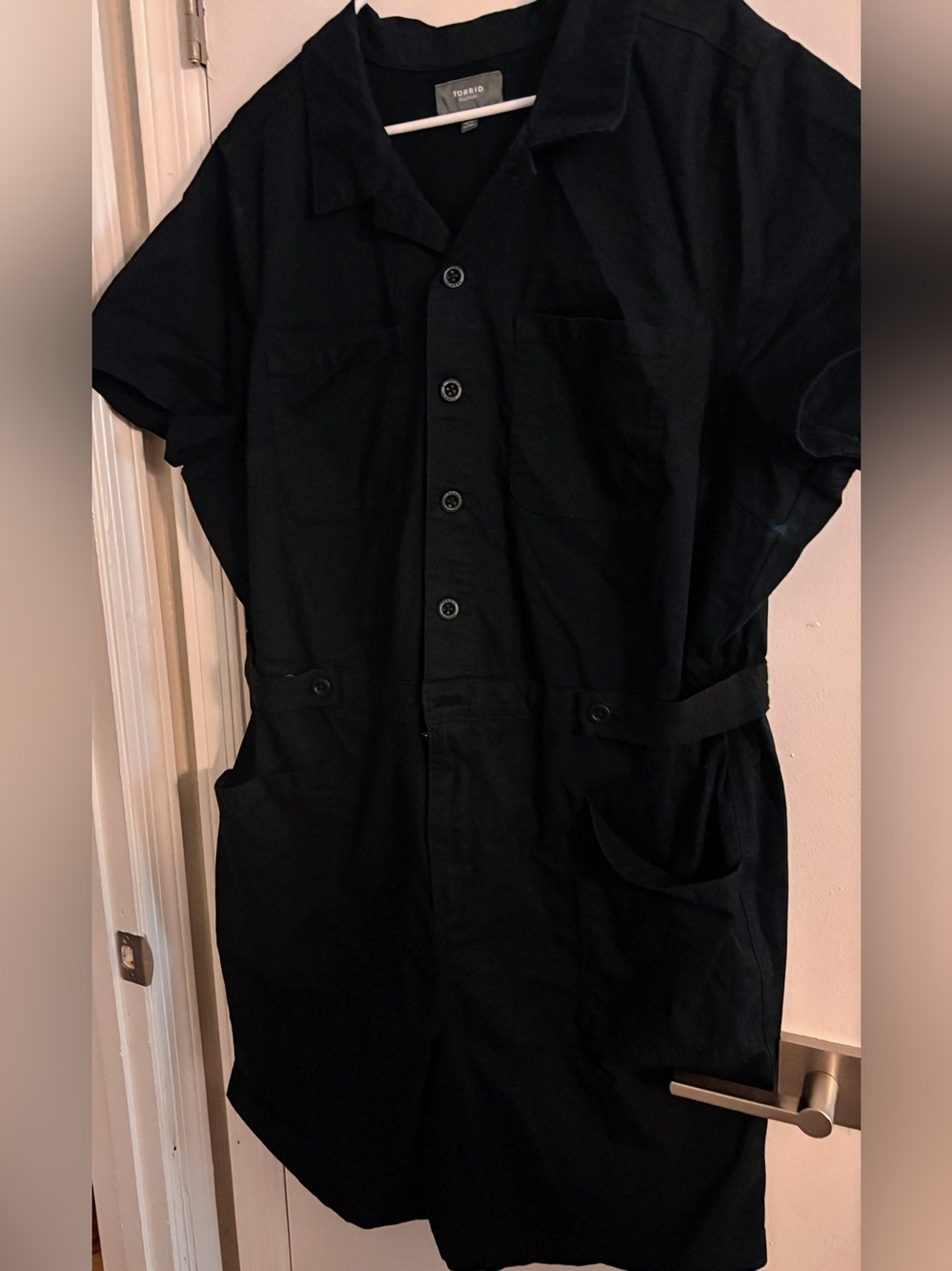 torrid Black Short-Sleeve Button Front Utility Romper Shorts